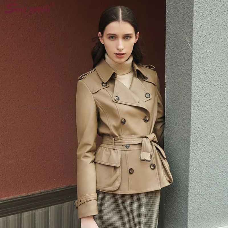 

Khaki Double Breasted Leather Jacket Women Moto Coat Faux Jacket Khaki Short Trench jaquetas couro Casaco chaqueta mujer Piel