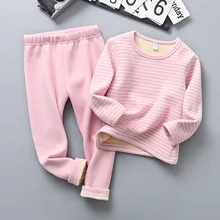 От 3 до 10 лет, Осень-зима, теплые детские пижамные комплекты для мальчиков и девочек, бархатные плотные Топы в полоску+ штаны комплект из 2 предметов, Детская домашняя одежда