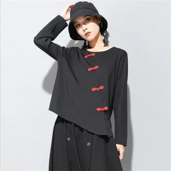

Chinese Ancient Bow Button 2019 Autumn Black Loose Long Sleeve Tops Shirts Women's Casual Soft Pullover Hipster t shirt