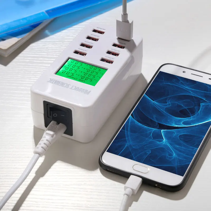 Usb charge station for iphone tablet universal multi charging dock for samsung lcd display qc3.0 fast charger eu au us uk plug