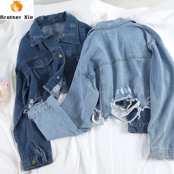 

Tassel Frayed Denim Bomber Jacket Women Autumn Harajuku Ripped Holes Jeans Outerwear Vintage Washed Blue Basic Coat