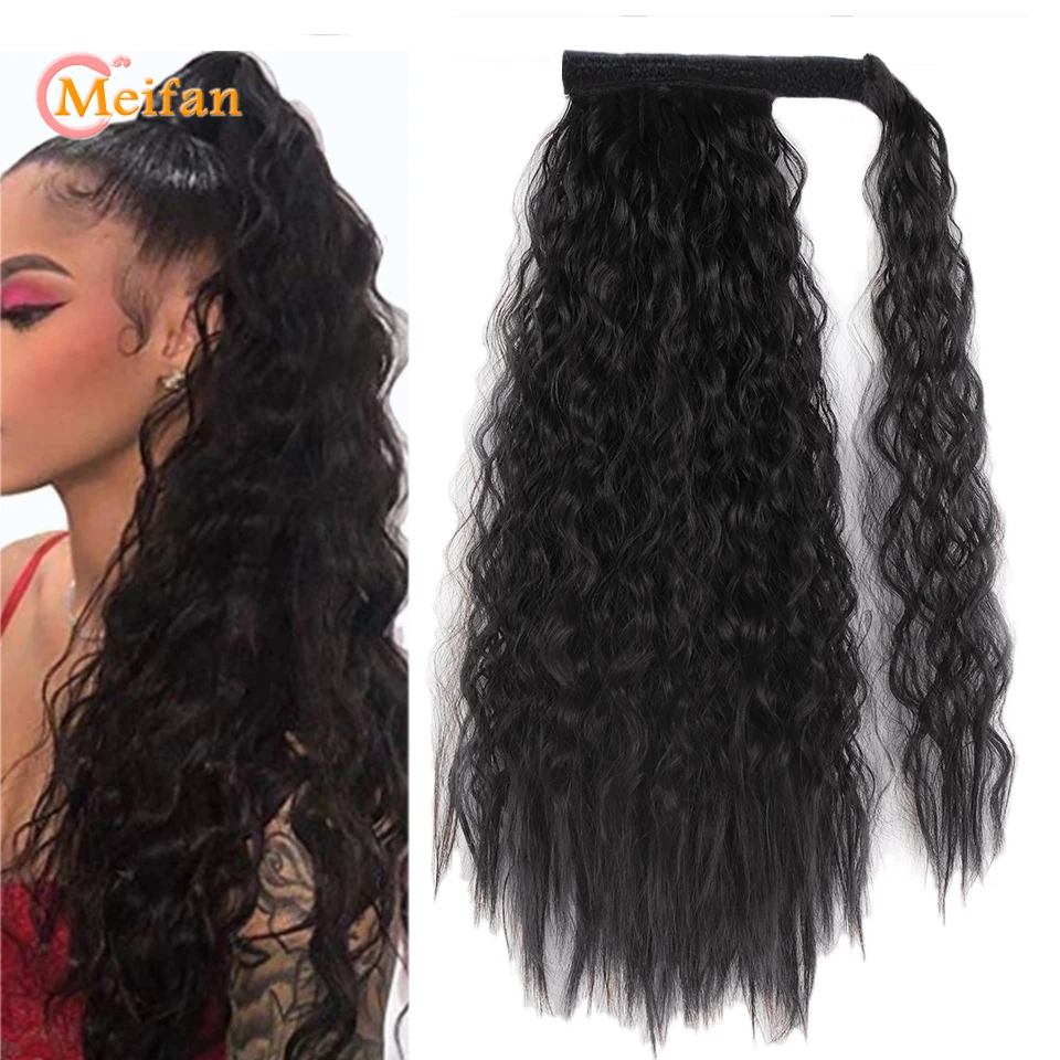 

MEIFAN Long Afro Kinky Curly Ponytail High Temperature Fiber Synthetic Hairpiece Velcro Wrap Around on Hair Ponytail Extensions