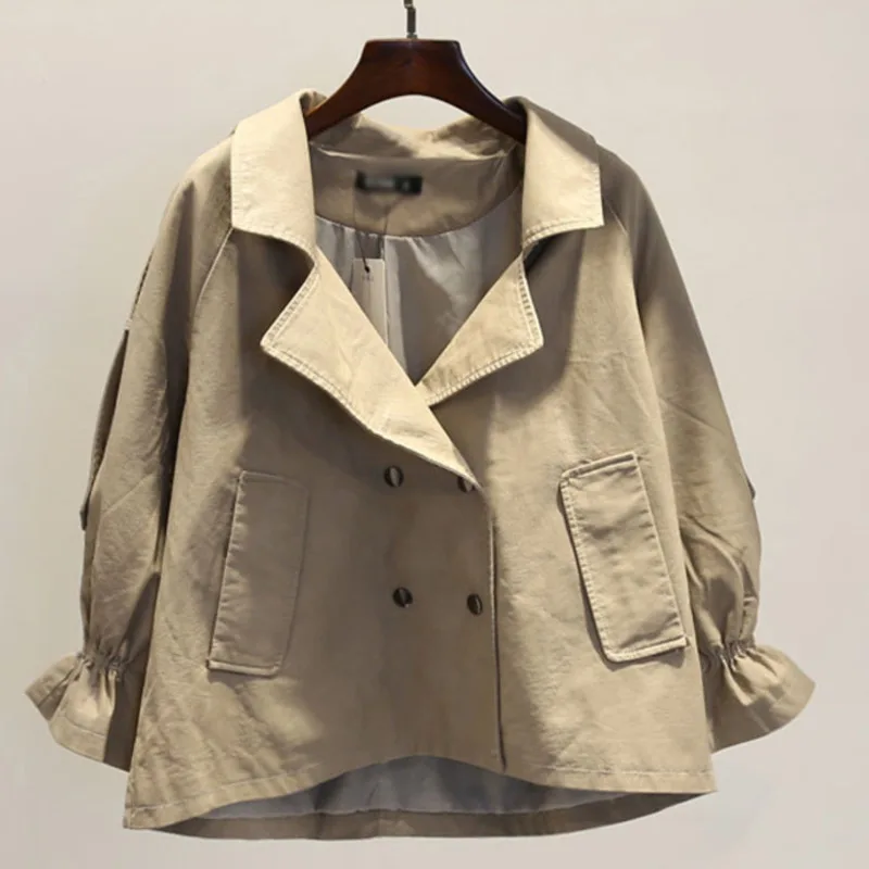 

[EWQ] 2019 Korean Style Long-sleeved Solid Color Loose Coats Double-breasted Turn-down Collar PU Leather Women Slim Jacket QJ874