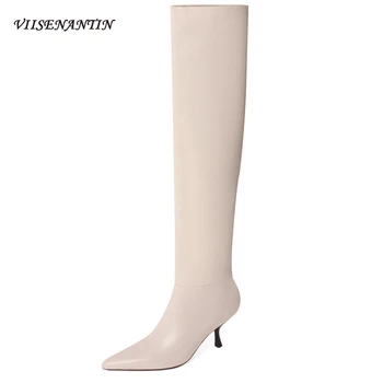 

European American Pointed Toe Stiletto High-tube Autumn Winter Temperament Beige Pile Boots Women Genuine Leather Black Shoes