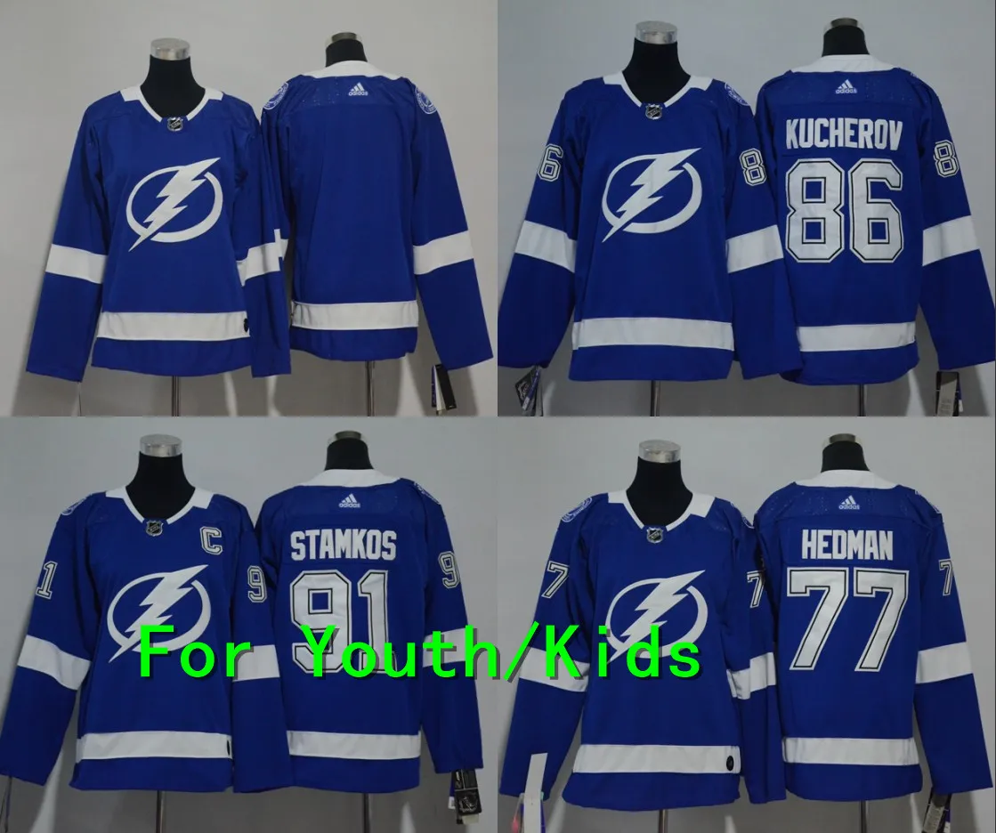 Молодежная вышивка прошитая Tampa Bay#91 Steve Stamkos 77 Victor Hedman 86 Nikita Kucherov Kids Jersey