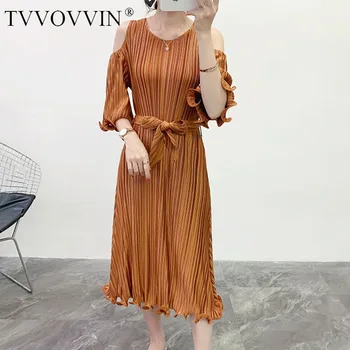 

Korea hollow out half sleeve pleated dress famale 2020 summer metal texture dresses with belt high quality design ZDZD