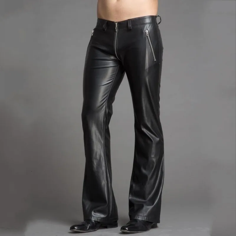 Высокое качество Мужские брюки из искусственной кожи размера плюс Slim Fit стиль панк индивидуальность на молнии расклешенные брюки сценические шоу брюки - Цвет: black
