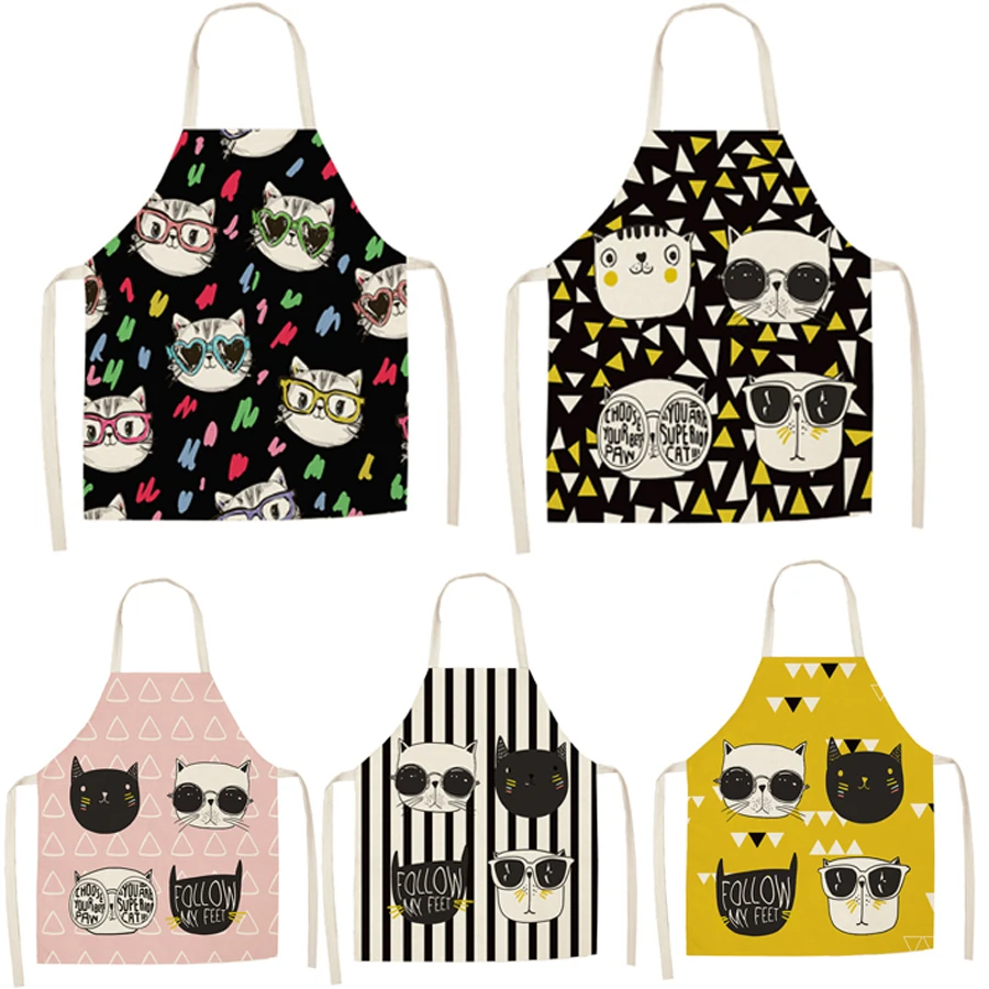 

26 Patterns Cute Cartoon Cat Linen Apron Kids Family Game Diy Sleeveless Aprons Home Household Kitchen Apron for Women Washable