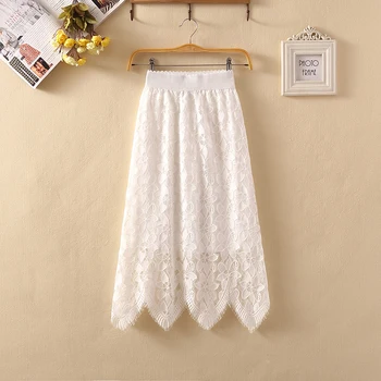

High Waist Lace Skirt Women's 2020 Summer New Korean Elastic Waist A-line Skirt Hollow Knight Skirt Knee Length Plus Size