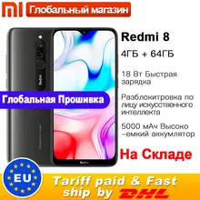 Смартфон Xiaomi Redmi 8 с глобальной ПЗУ, 4 ГБ, 64 ГБ, Восьмиядерный процессор Snapdragon 439, двойная камера 12 Мп, мобильный телефон, 5000 мАч
