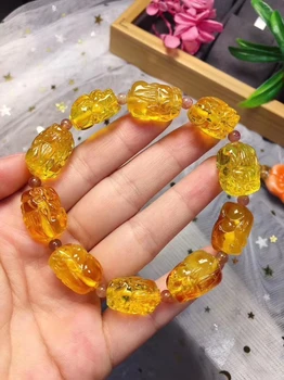 

Genuine Natural Yellow Amber Gemstone Beads Pi Xiu Carved Bracelet 17x13mm For Women Men Jewelry Stretch Reiki Amber AAAAA
