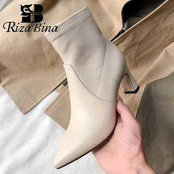 

RIZABINA New Women Real Leather Ankle Boots Pointed Toe Thick Heel Short Boots Zipper Solid Color Female Footwear Size 34-39