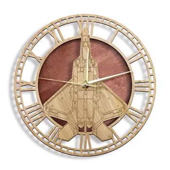 

F-22 Raptor Tactical Fighter Aircraft Wooden Wall Clock Rustic Home Decor Aviation Modern Design Wall Watch Silent Swept Clock