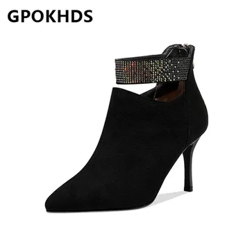 

GPOKHDS 2021 women Ankle boots Winter short plush Pointed Toe Zipper Crystal High heels female boots size 39