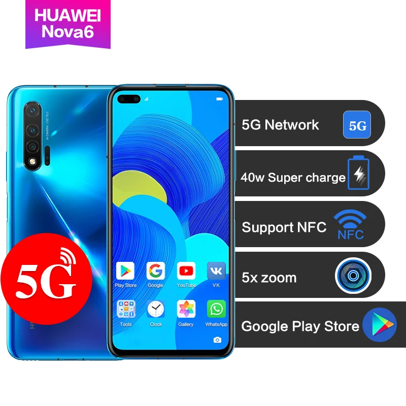 Huawei Nova 6 5G версия 5x Zoom Поддержка NFC 40 Вт supercharge Octa core 4200 мАч 40MP 5 камер лицо+ отпечаток пальца ID смартфон