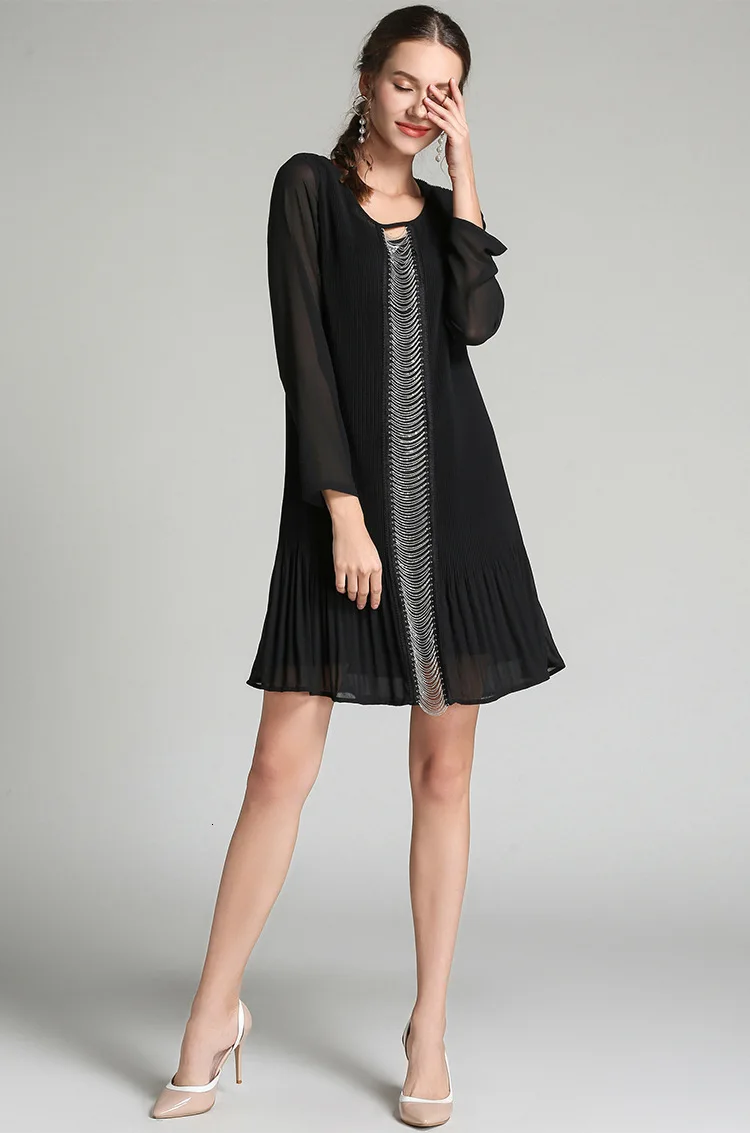 Осеннее платье с драпировкой, женская одежда, черное платье с круглым вырезом и коротким рукавом, платье с бисером, высококачественное модное платье размера плюс 5XL 4XL 3XL 2XL XL L M