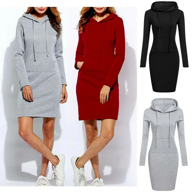 Женское свободное платье с капюшоном повседневное однотонное свитшот в стиле