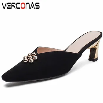

VERCONAS 2020 Woman Sandals Sweet Summer Woman Pumps Kid Suede Metal Decoration Mules Square Toe Thin High Heeled Shoes Woman