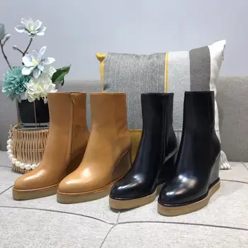 

Newest Hot Sale Winter Shoes Women Genuine Leather Wedges Women Boots Round Toe Zipper Mid Calf Women Boots Zapatos De Mujer