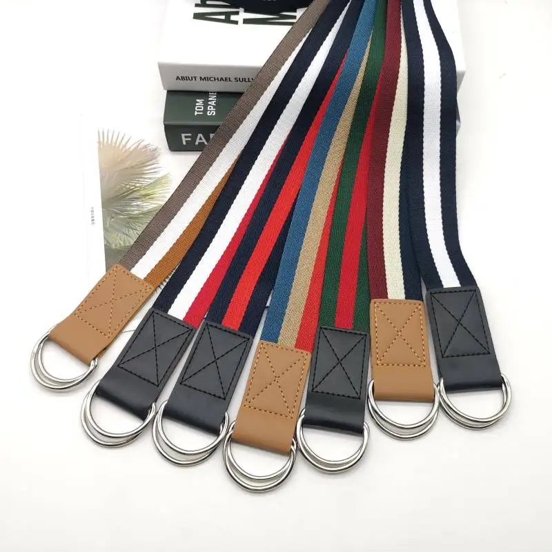 

Punk Strip Canvas Belt Unisex Double Ring D Buckle Jeans men Belt fashion women belt Student Waistband Super Long waist belt