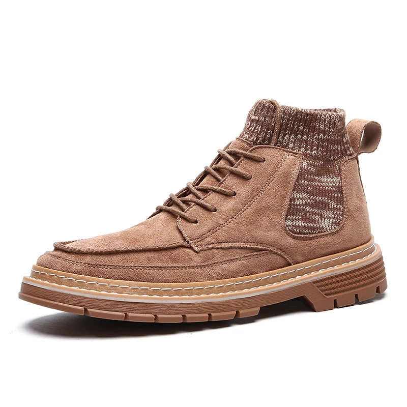 brown autumn men's ankle boots casual pigskin leather socks shoes male combat combat boot man timber land military boots for men - Цвет: brown