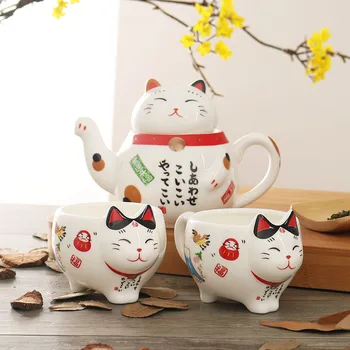 

Lucky Cat Porcelain Tea Set Cute Japanese Creative Maneki Neko Ceramic Tea Cup Pot with Strainer Lovely Plutus Cat Teapot Mug