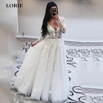

LORIE Long Sleeve Lace Wedding Dresses With Crystal Appliqued Bride Gowns Soft Tulle Backless vestidos de noiva Customized