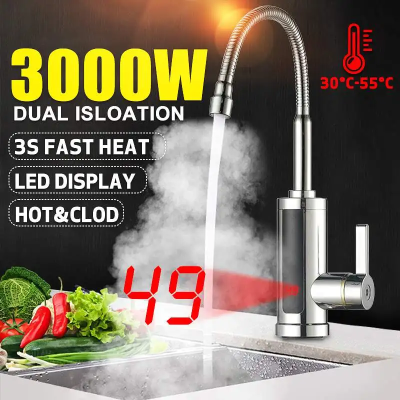 R&Xrenxia 3000W Electric Faucet 360 Rotatable Instant Tankless Electric Hot Water Heater Faucet Stainless Steel Waterproof with LCD Digital Display 