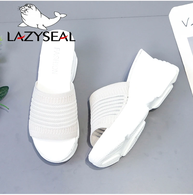 LazySeal тапочки на платформе из хлопчатобумажной ткани; женские шлепанцы; модная женская обувь на танкетке с толстой подошвой; нескользящие женские вьетнамки
