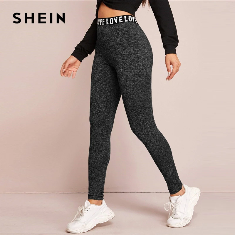 Skup SHEIN czarne litery drukuj graficzne Marled legginsy damskie spodnie wiosna elastyczna talia odzież sportowa Casual Ladies Basic spodnie