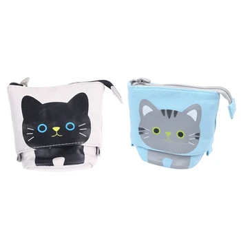 

2pcs Canvas Cartoon Cute Cat Telescopic Pencil Pouch Bag Stationery Pen Case Box with Zipper Closure - Gray & Blue