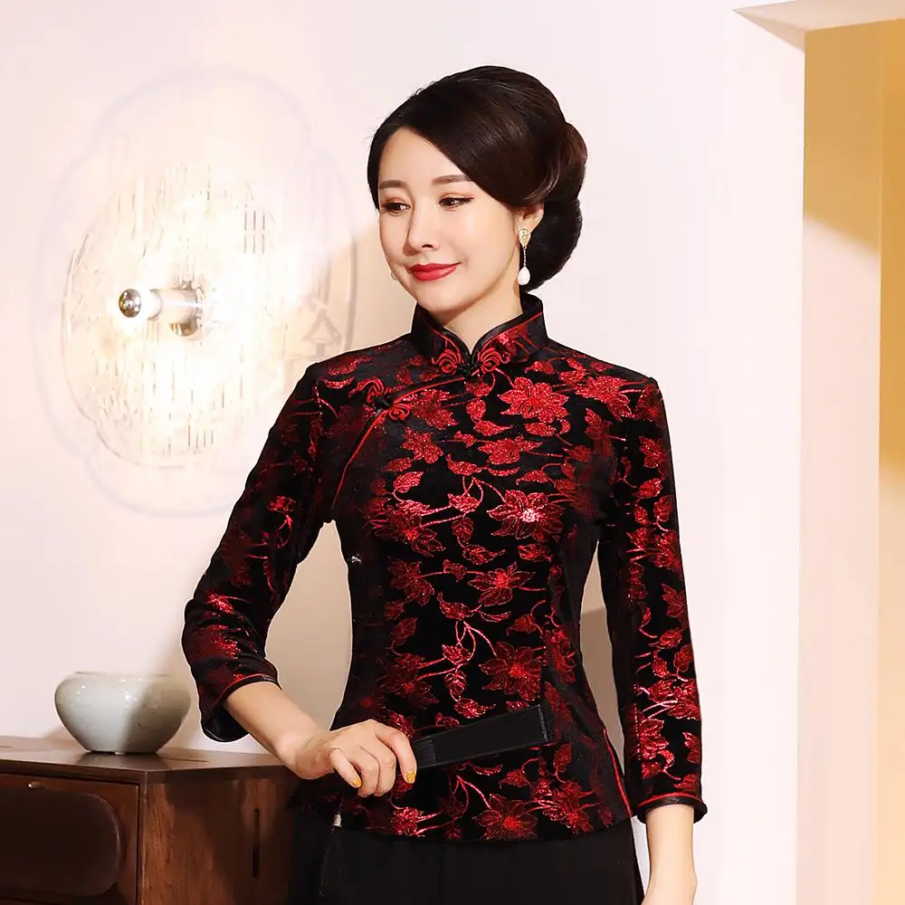 Китайская женская одежда в стиле Тан, винтажные топы на пуговицах, женская блузка, традиционная ретро одежда, большие размеры 3XL-5XL, Классическая рубашка с цветочным рисунком, пальто - Цвет: Red Shirt 1