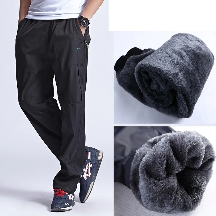New Autumn Winter Warm Fleece Pants Mens Thick Wool Trousers Man's Elastic Waist Heavyweight Pants Male With Zipper Pocket