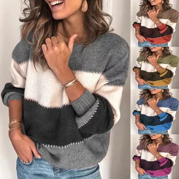 

Popular knitwear in autumn and winter 2019 casual women's sweater splicing Knitted Top loose women's long sleeve stripe Pullover