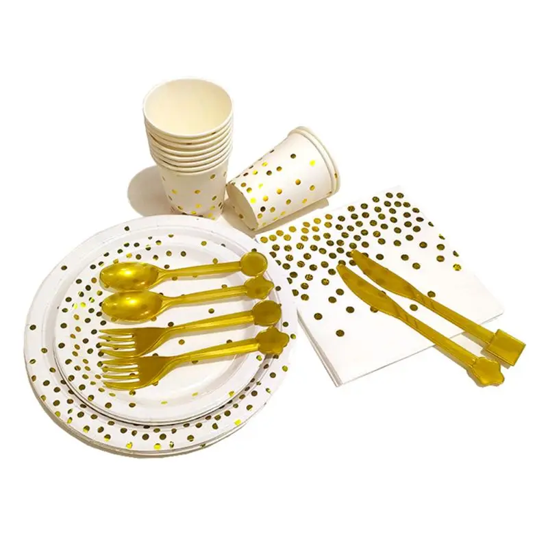 

70 pcs Hot stamping Gold Dot style Disposable Dinnerware Set Service for 10 Guest Holiday Christmas party for party and wedding
