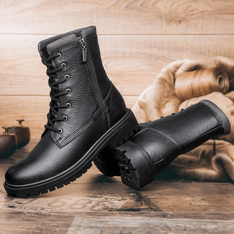 Men's Motorcycle Boots Martin boots black Autumn And Winter High Boots Fashion Boots High Round Toe lace-Up With Zipper Boots