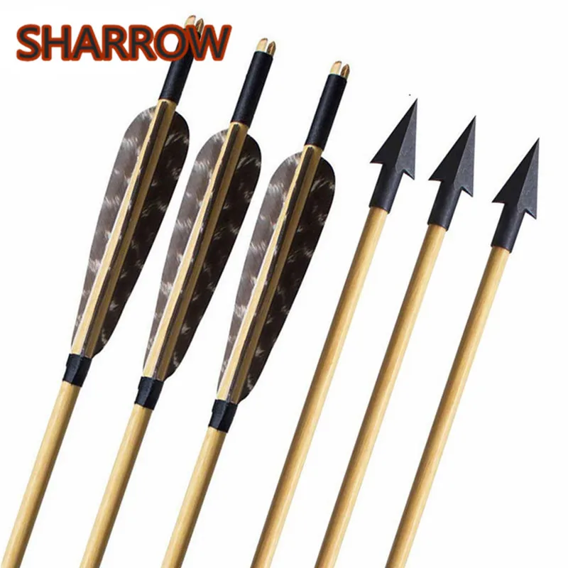 6Pcs 31'' Wooden Arrows with Real Feather Steel Tips For Longbow Archery Hunting 