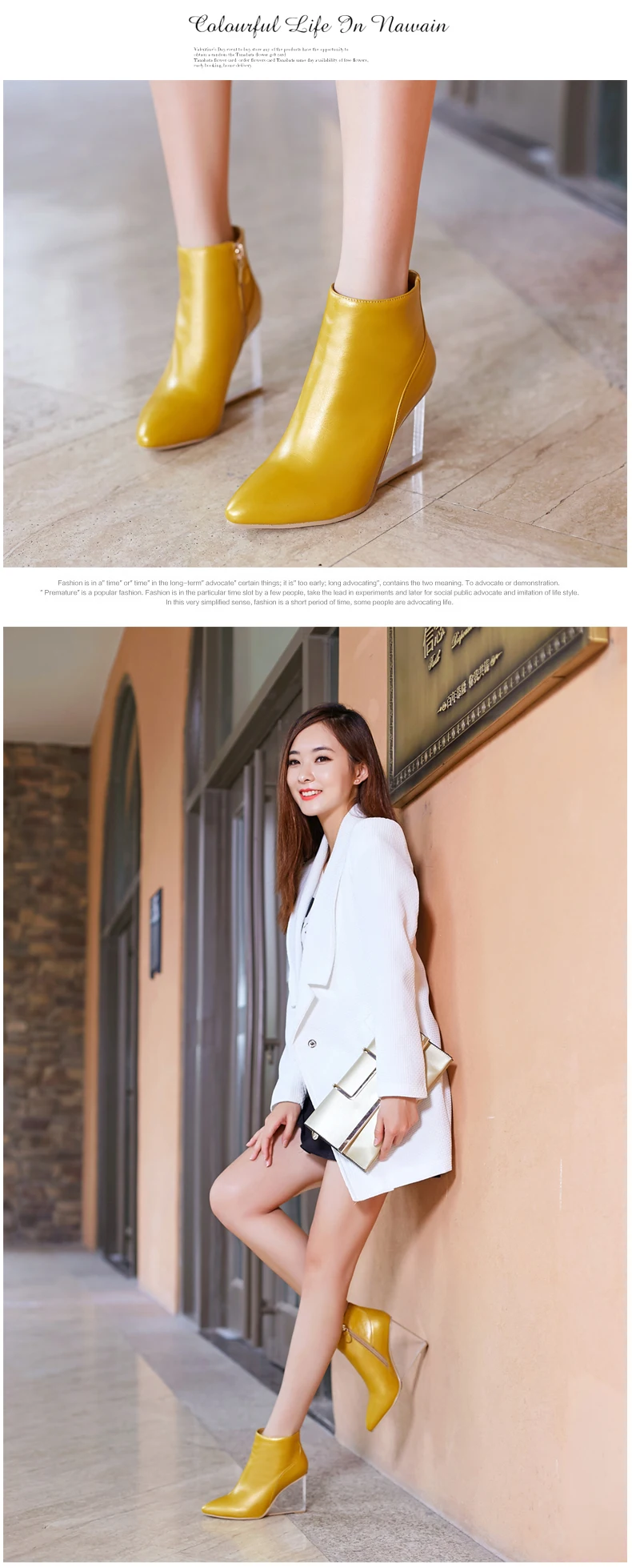 genuine leather boots pointed toe Slope heel transparent crystal 9cm fashion show women's shoes yellow black autumn winter new