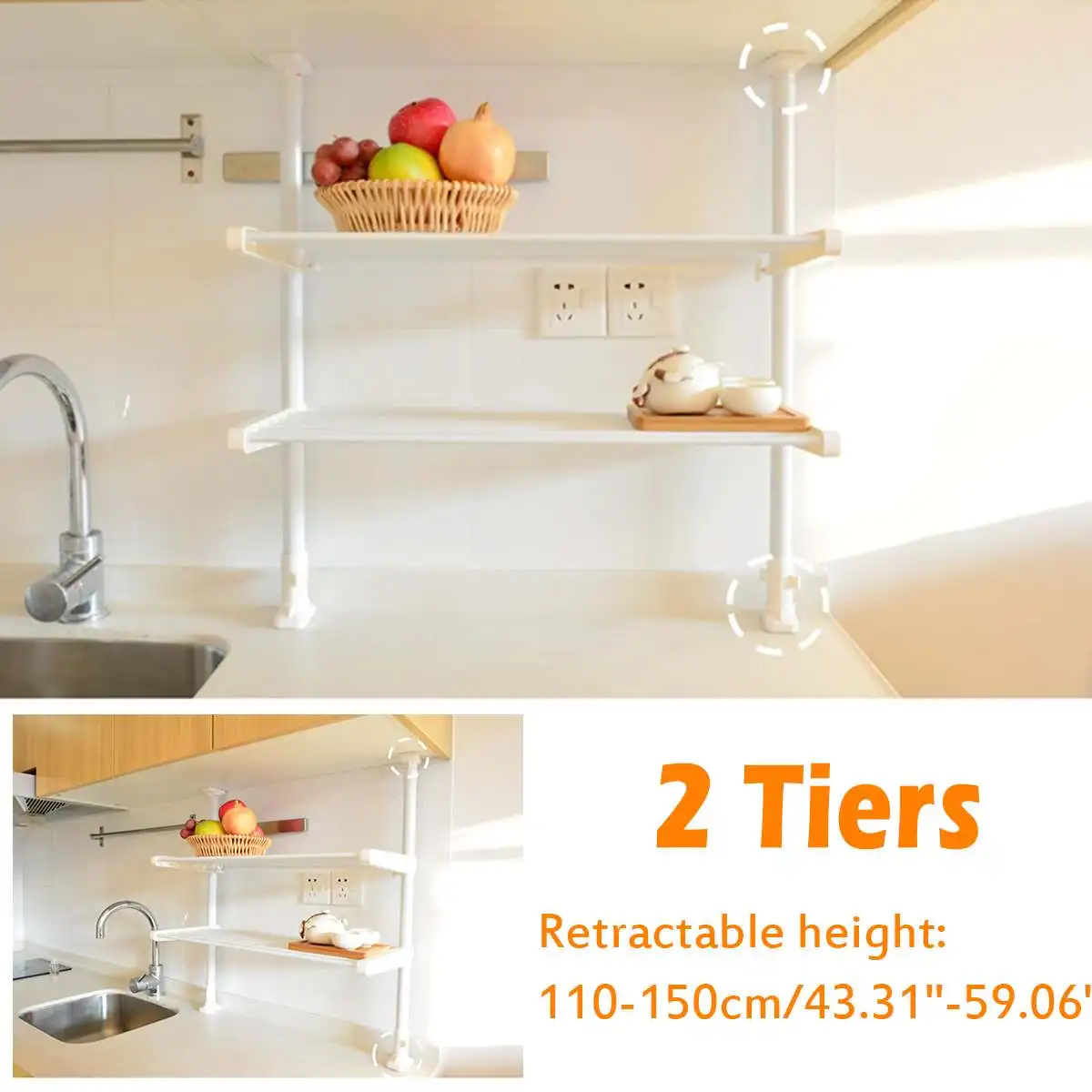 

Kitchen Tension Rack Kitchen Countertop Support Bracket Storage Shelf ABS+Carbon Steel Organizer Retractable Height 110-150cm