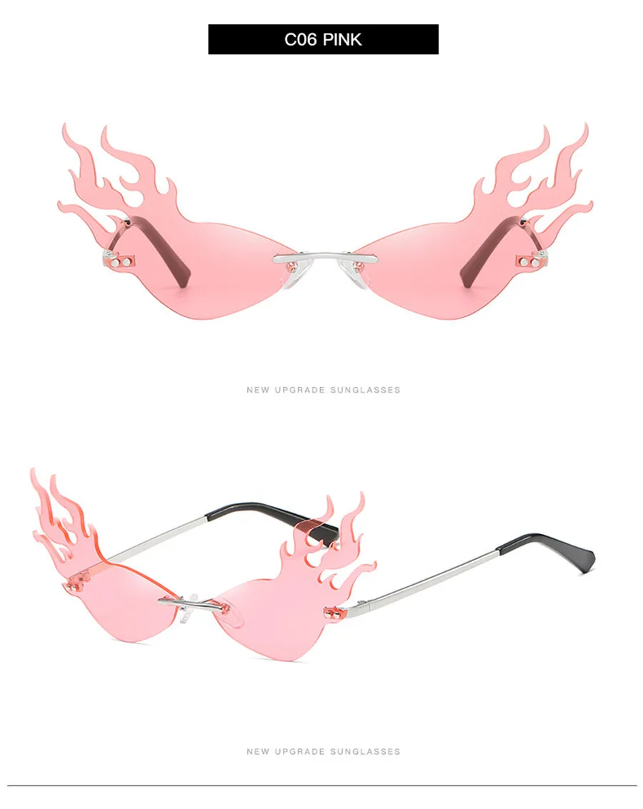Огненное пламя Солнцезащитные очки женские без оправы Солнцезащитные очки «кошачий глаз» брендовые дизайнерские очки большие полые оттенки уличная одежда Красные линзы зеркальные