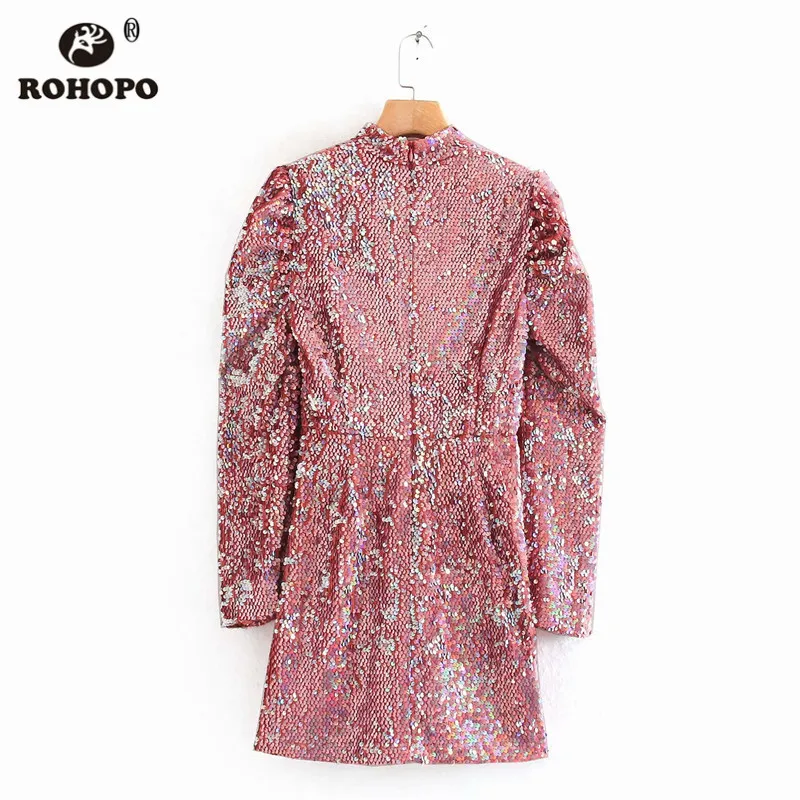 ROHOPO, розовое мини-платье с круглым вырезом и блестками, пышное, с длинным рукавом, на молнии сзади, женские сексуальные вечерние платья с блестками, Vestido#6295