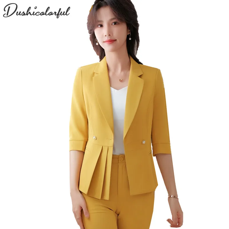 Giacca da donna estiva Office Ladies mezza manica abbigliamento da lavoro  Blazer giallo bianco doppio petto cappotto sottile soprabito  femminile5xl|Blazers| - AliExpress
