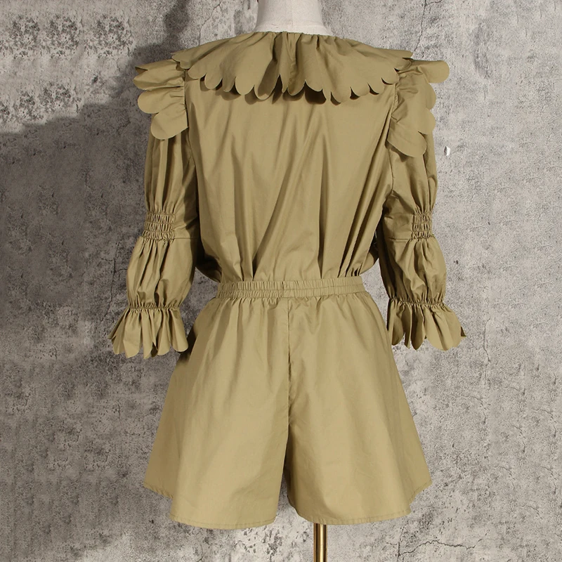 TWOTWINSTYLE Casual Women Two Piece Set Lapel Collar Lace Up Flare Long Sleeve Top High Waist Wide Leg Short Loose Suits Female