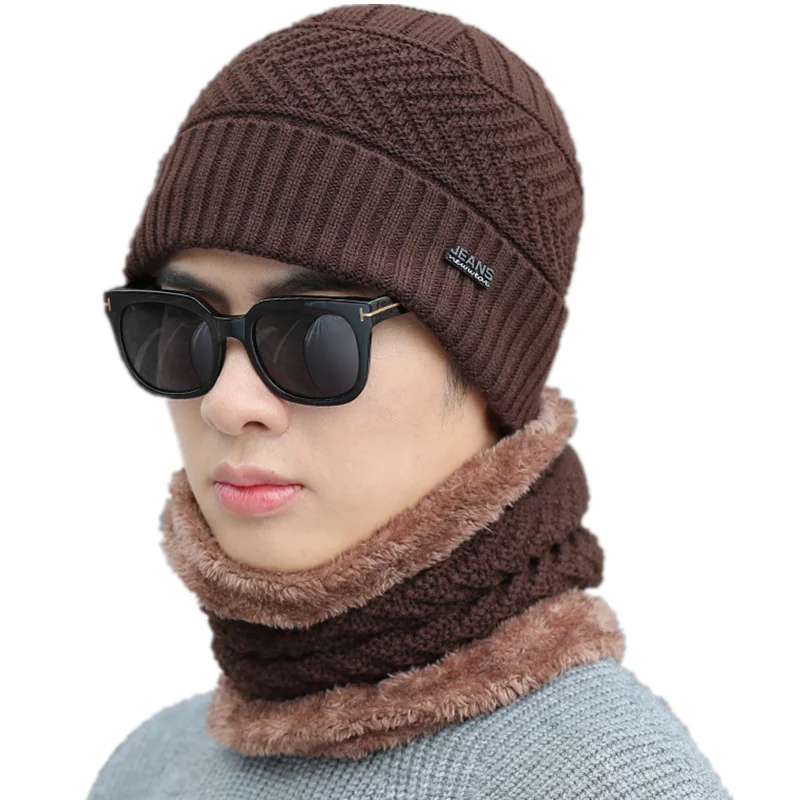 2pcs / комплект шапка мода шапка мужская зимняя вязание шапки для мужские теплый толстый плюс футеровка акрил шапка - Цвет: Coffee