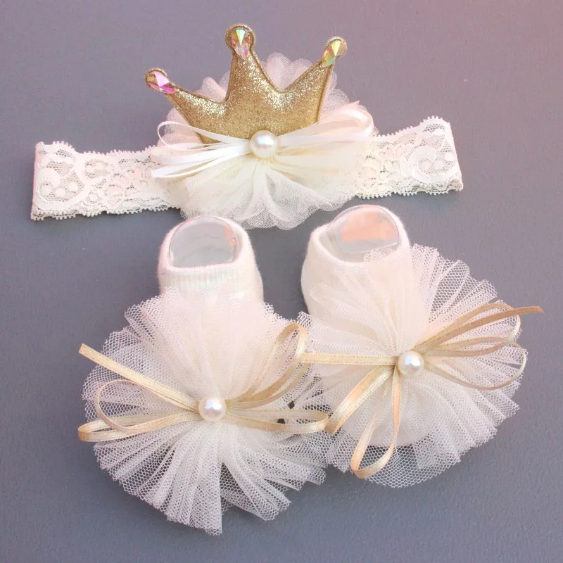 Elastic Bab Headband Socks Set 2 Pcs/Set Lace Flower Newborn Girl Short Socks Bow Crown Infant Baby Turban