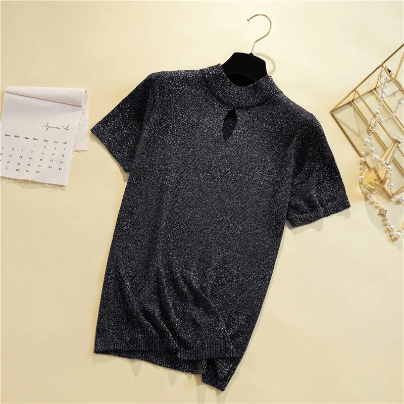 

Pullover Hollow Out Knitted Bright Silk Stretch Shirt Top Women 2021 Summer Elegant Harajuku T Shirt Short Sleeve Turtleneck Top