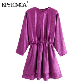 

KPYTOMOA Women 2020 Chic Fashion Jacquard Ruffled Mini Dress Vintage Long Sleeve Elastic Waist Side Zipper Female Dresses Mujer