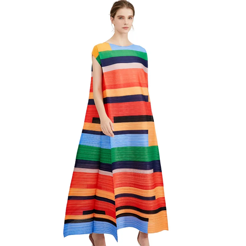Весеннее MIYAKE складное Новое геометрическое платье с контрастным принтом темпераментное Свободное длинное платье большого размера - Цвет: Многоцветный