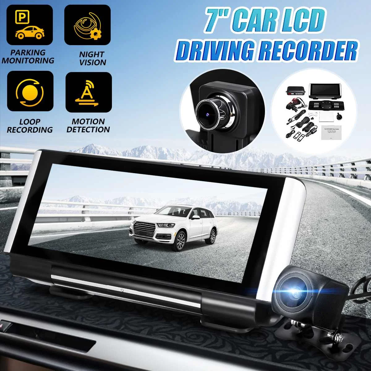 

7" 1080P LCD Automatic Vehicle Video Recorder Dash Cam Dashcam Car DVR 4 Sensor Parking Detector Radar Assistance Alarm System