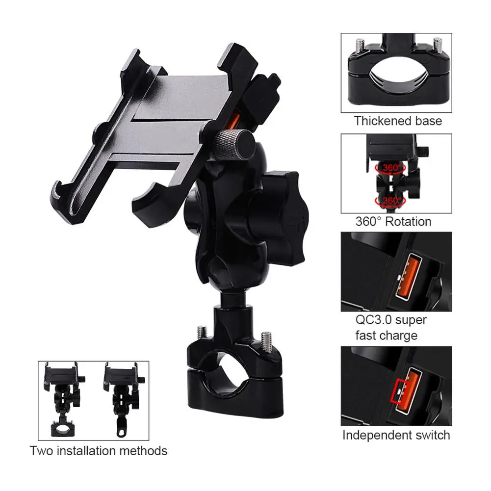 

Motorcycle Handlebar Mount Aluminum Alloy Bicycle Phone Holder With Charger 5V 2.4A USB Port for Smart Phone GPS for IPhone